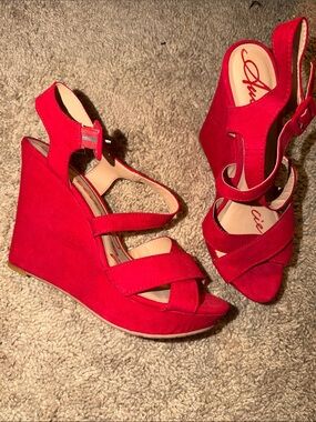 Jessica Bright Red Suede Strappy Wedge Sandals